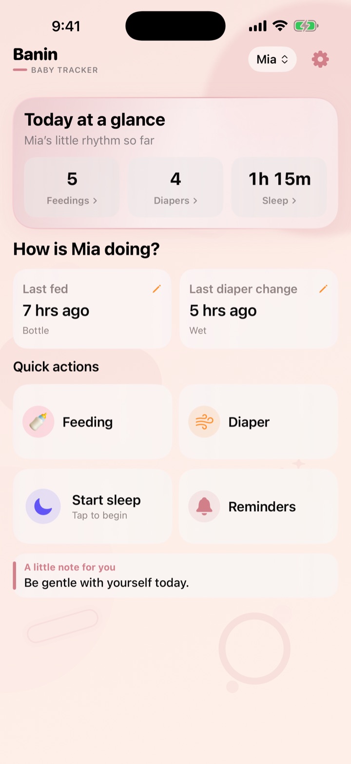 Banin today screen with feedings, diapers and sleep at a glance