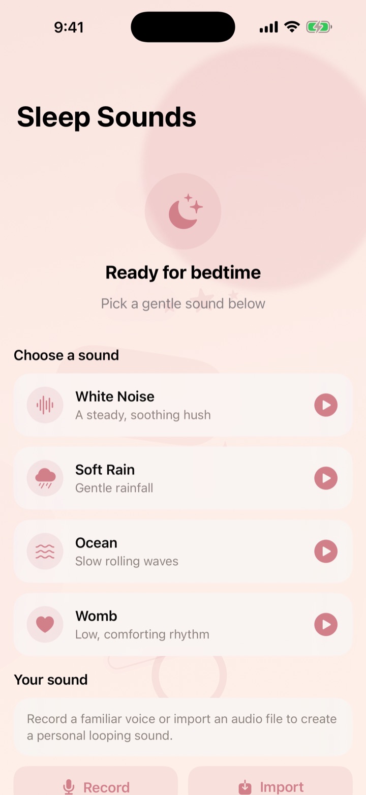 Banin sleep sounds screen with white noise, rain, ocean and womb sounds